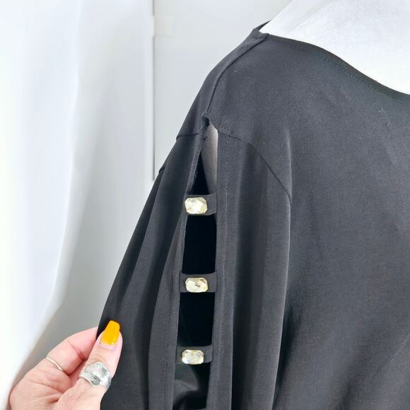 🎄 Michael Kors EUC Embellished sleeves stretchy clear gem top XL black - Picture 7 of 16